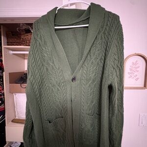 Source Unknown Olive Green Cable Knit Shawl Collar Cardigan